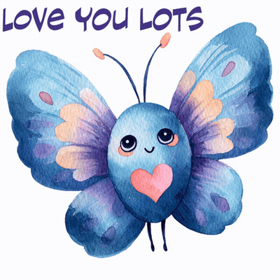 Blue And Purple Butterfly With Pink Heart Saying Love You Lots GIF