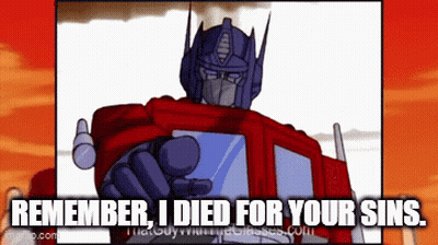 Blue And Red Robot Flying Through Cloudy Sky GIF