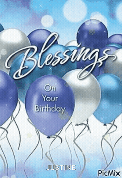 Blue And Silver Balloons Birthday Card Saying Blessings On Your Birthday GIF
