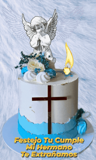 Blue And White Cake With Cross And Angel GIF