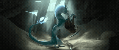 Blue And White Dragon Standing Next To Person In Cave GIF