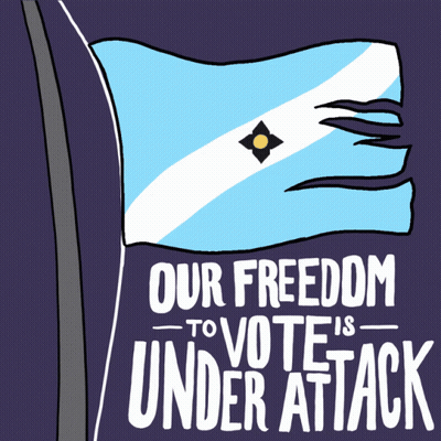 Blue And White Flag Saying Our Freedom To Vote Is Under Attack GIF