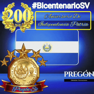 Blue and White Flag With Gold Coin Saying Pregon Sv