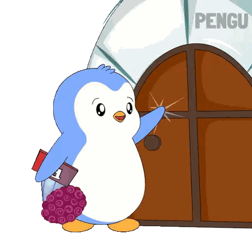 Blue And White Penguin At Door Saying Pengu Sticker