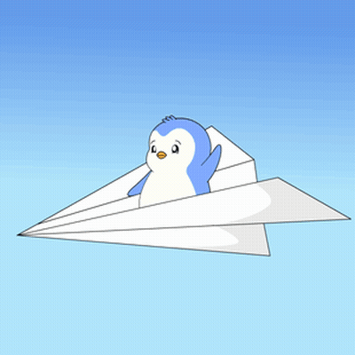Blue And White Penguin Flying Paper Airplane GIF