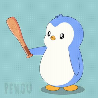 Blue And White Penguin Holding Baseball Bat Saying Pengu GIF