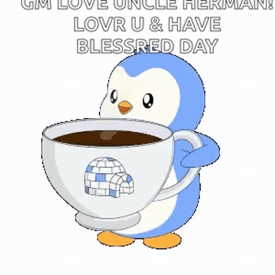 Blue and White Penguin Holding Coffee Cup With Igloo
