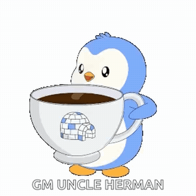 Blue And White Penguin Holding Coffee Cup With Igloo GIF