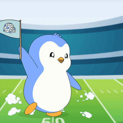 Blue And White Penguin Holding Flag With Igloo GIF