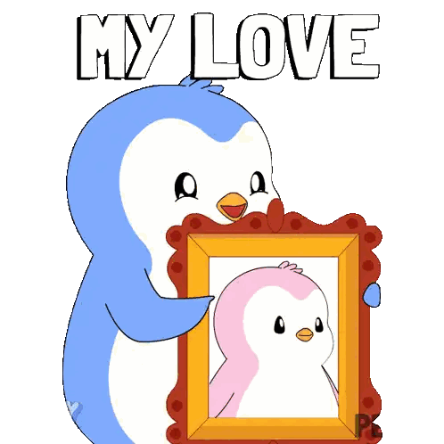 Blue And White Penguin Holding Picture Frame Saying My Love Sticker
