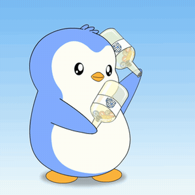 Blue And White Penguin Holding Two Bottles GIF