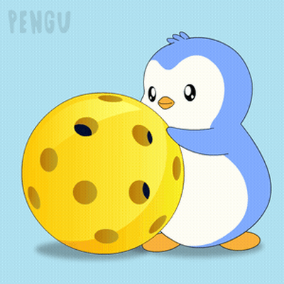 Blue And White Penguin Holding Yellow Ball With Word Pengu GIF