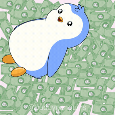 Blue And White Penguin Laying On Pile Of Green Money GIF