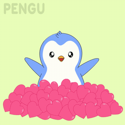 Blue And White Penguin Surrounded By Pink Hearts Saying Pengu GIF