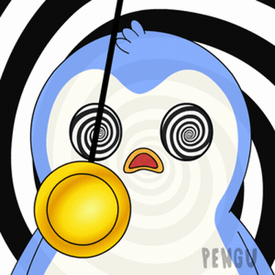 Blue And White Penguin With Hypnotic Eyes Holding Gold Coin GIF