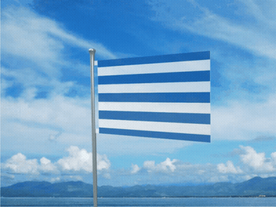 Blue And White Striped Flag Flying Over Water GIF