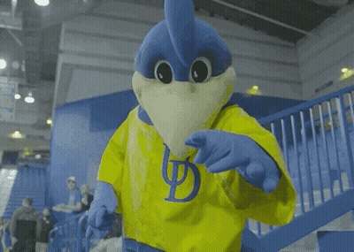 Blue And Yellow Mascot With Letter D On Shirt GIF