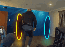 Blue And Yellow Portals Confused Man Can't Choose GIF