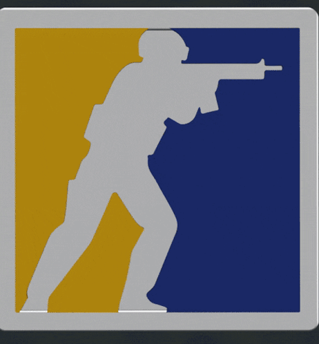 Blue And Yellow Sign With Soldier Silhouette Pointing Gun GIF