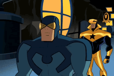 Blue And Yellow Superhero Next To Yellow And Black Superhero GIF