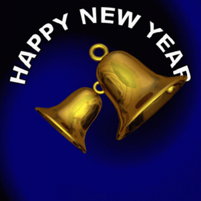 Blue Background Gold Bells Happy New Year GIF