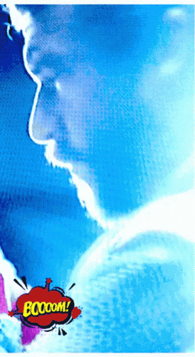 Blue Background With Speech Bubble Saying Boom GIF