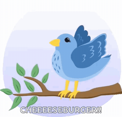 Blue Bird Saying Cheeseburger On Branch GIF