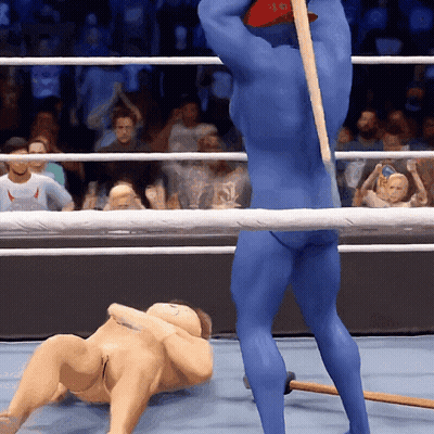 Blue Bodysuit Man Holding Baseball Bat Over Opponent GIF