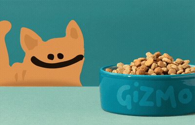 Blue Bowl Of Gizmo Dog Food With Cat Behind GIF