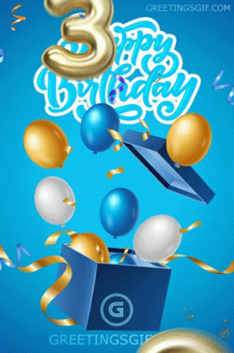 Blue Box With Balloons And Number 3 GIF