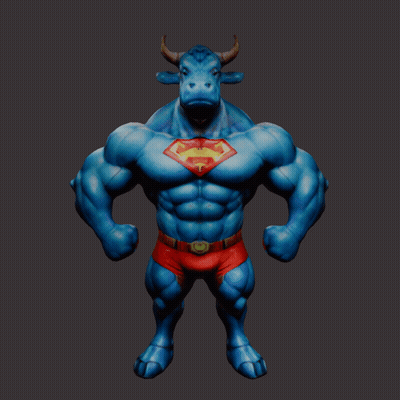 Blue Bull With Horns And Superman Costume GIF