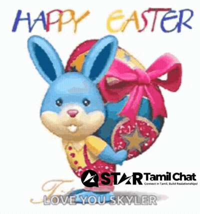 Blue Bunny Holding Easter Egg Saying Happy Easter GIF