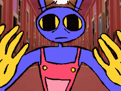 Blue Bunny With Yellow Eyes And Pink Overalls GIF