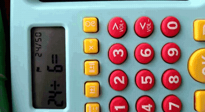 Blue Calculator With Red And Yellow Buttons Showing 24/50 GIF
