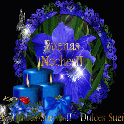 Blue Candles Are Surrounded By Purple Flowers And The Words " Buenas Noches " GIF