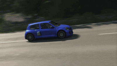 Blue Car Driving Down Road With Trees GIF