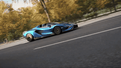 Blue Car Driving Down Road With Trees GIF
