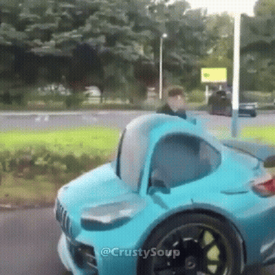 Blue Car With Hood Up Parked On Road GIF