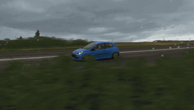 Blue Car With Yellow Wheels Driving GIF