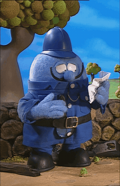 Blue Cartoon Character Holding Paper And Wearing Helmet GIF