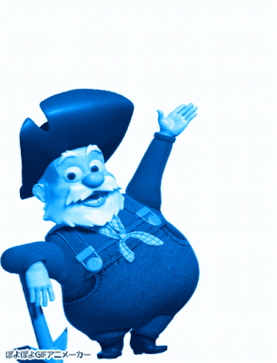 Blue Cartoon Character In Cowboy Hat And Overalls Waving GIF