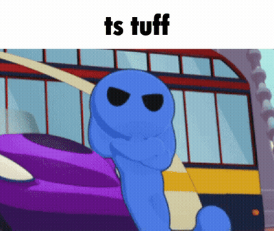 Blue Cartoon Character In Front Of Purple Car Saying Ts Tuff GIF