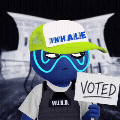 Blue Cartoon Character In Yellow Hat Saying Inhale Holding Voted Sign GIF