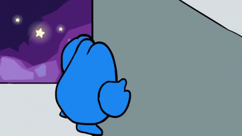 Blue Cartoon Character Looking Out Window At Purple Sky With Stars GIF