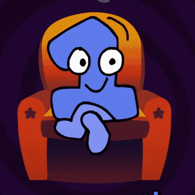 Blue Cartoon Character Sitting In Orange Star Chair GIF