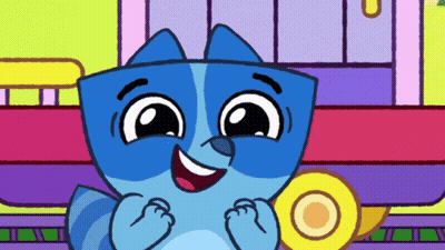 Blue Cartoon Character Smiling Holding Yellow Circle GIF