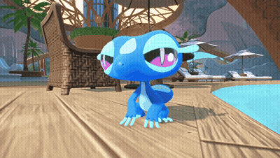 Blue Cartoon Character Standing On Deck Next To Pool GIF