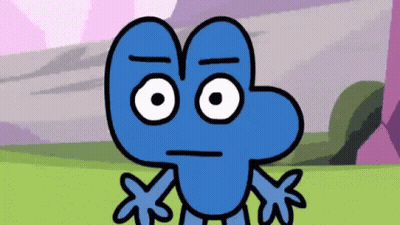 Blue Cartoon Character With Big Eyes Standing On Green Field GIF