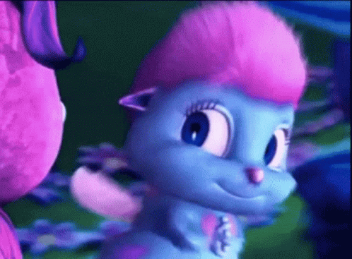 Blue Cartoon Character With Pink Hair Next To Purple Character GIF