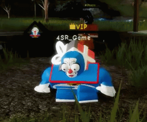 Blue Cartoon Clown Face Standing In Grass In Video Game GIF